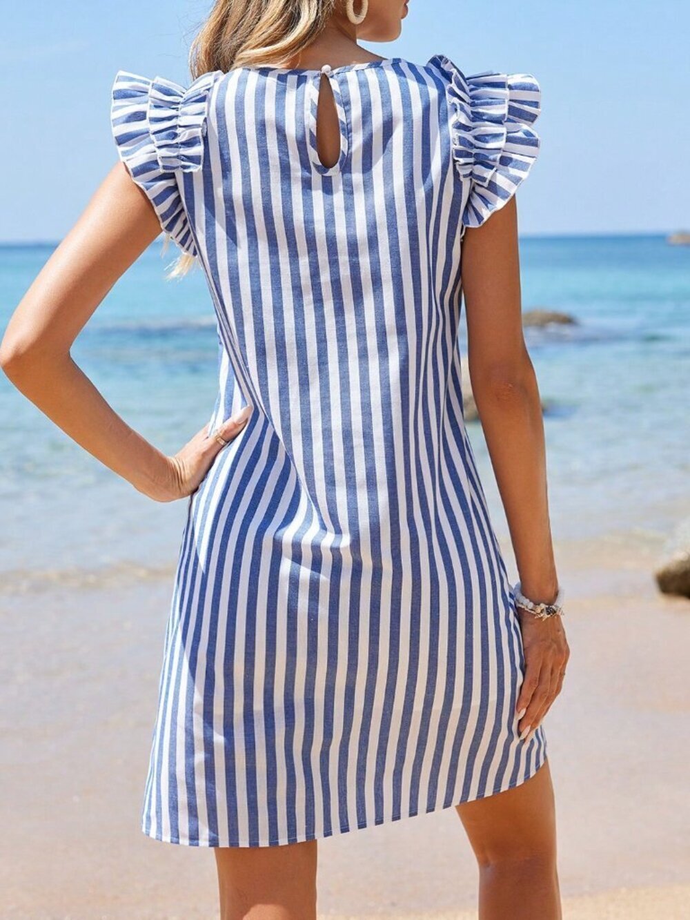 Blue And White Casual Women's Striped Ruffle Trim Strapless Dress - Picture 2 of 6